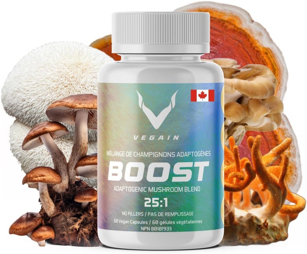 Boost Adaptogenic Mushroom Blend, 60 portions, haute puissance 25:1 extrait de la maitake, Shiitake, Reishi, Cordyceps, Lion's Mane - soutient la réduction du stress, l'endurance améliorée et l'énergie - 60 bouchons végétaliens