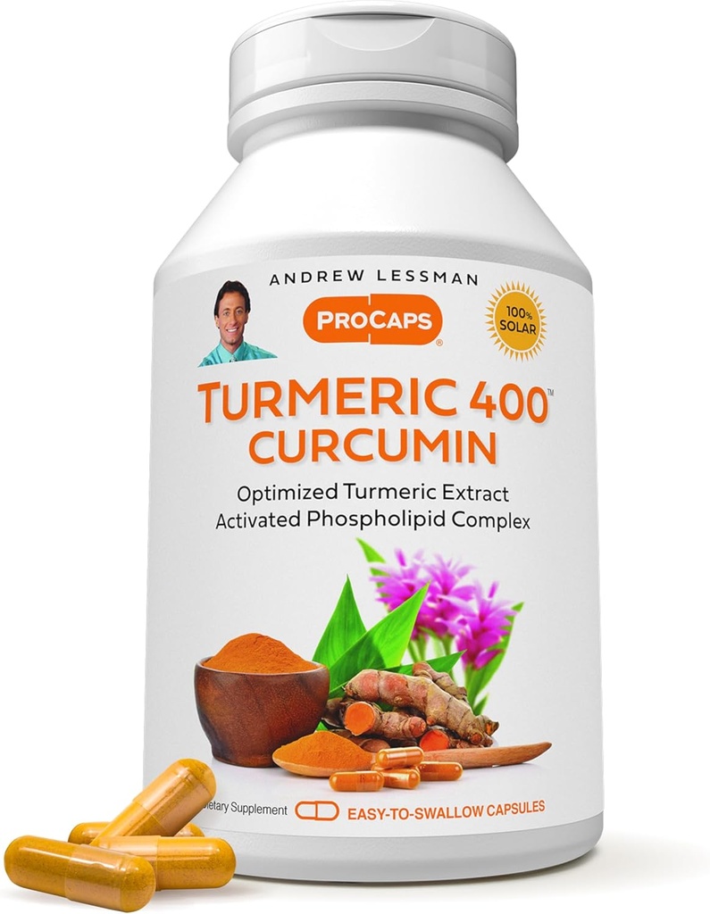 ANDREW LESSMAN Turmeric 400mg - 120 Capsules - 95% Curcuminoides comme Complexe Phospholipide pour les avantages optimum et l'absorption, Extrait standardisé haute puissance, Petites Capsules faciles à avaler