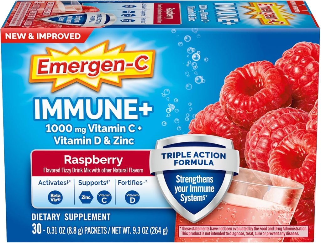 Emergen-C Immunine+ Triple Action Immune Support Poudre, BetaVia (R), 1000mg Vitamine C, B Vitamines, vitamine D et antioxydants, framboise, Retour à l'essentiel de l'école – 30 Compte