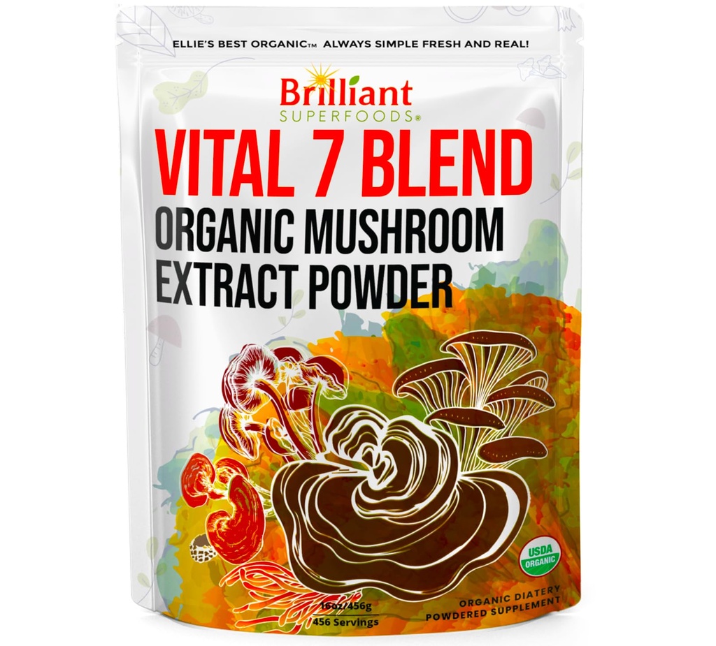Le meilleur supplément de mélange d'extraits de champignons 7 d'Ellie - Bio Reishi, Lion's Mane, Chaga, Turkey Tail, Cordyceps, Maitake & Shiitake - Double extrait - 16oz / 456 portions...