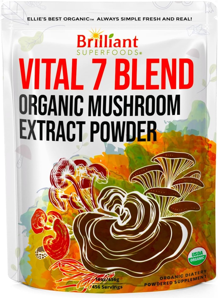 Le meilleur supplément de mélange d'extraits de champignons 7 d'Ellie - Bio Reishi, Lion's Mane, Chaga, Turkey Tail, Cordyceps, Maitake & Shiitake - Double extrait - 16oz / 456 portions...