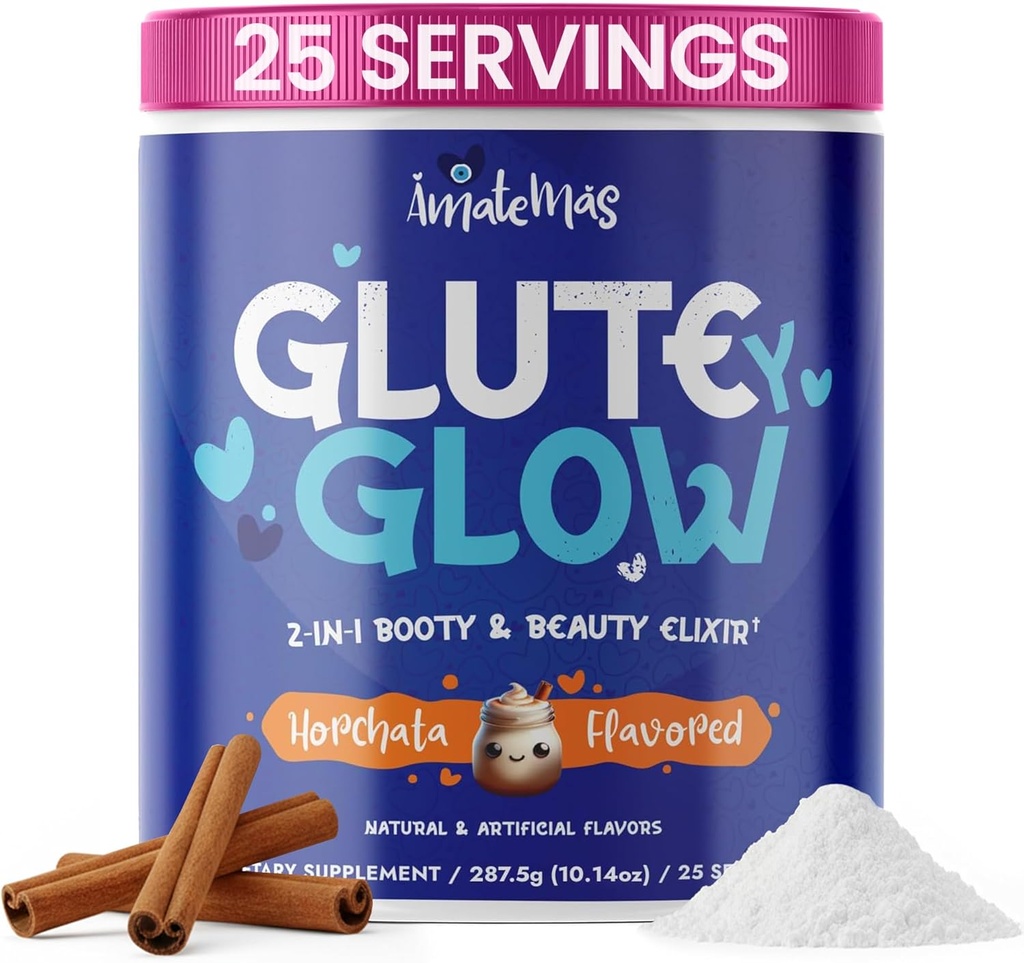 Glute Y Glow by Amatemas – Supplément pour la créatine féminine + biotine pour la croissance musculaire, le soutien au gluten, la peau des cheveux et les ongles – Horchata Flavor – Soutien énergétique – Lean Muscle – Mix performance quotidienne