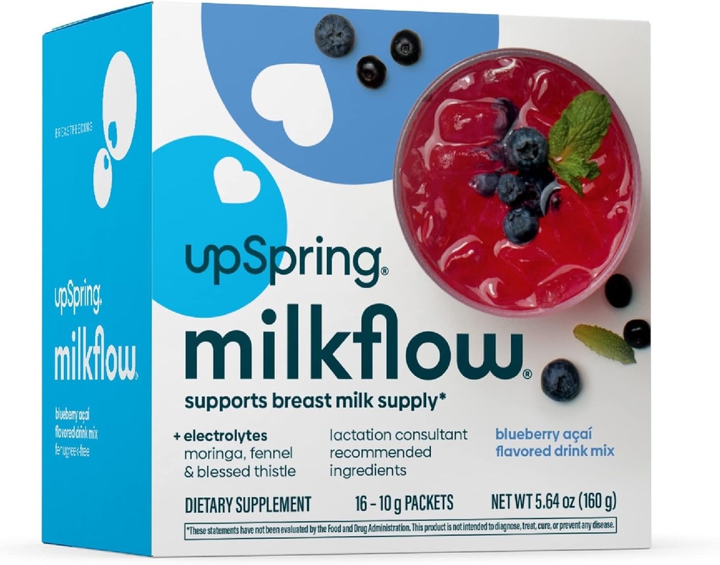 UpSpring Lait Flux Electrolyte Supplément Allaitement Drink Mix Fenugreek-Free, Moringa & Blueberry Açai Flavor, Supplément d'allaitement pour soutenir l'approvisionnement en lait maternel et restaurer les électrolytes, 16 mélanges