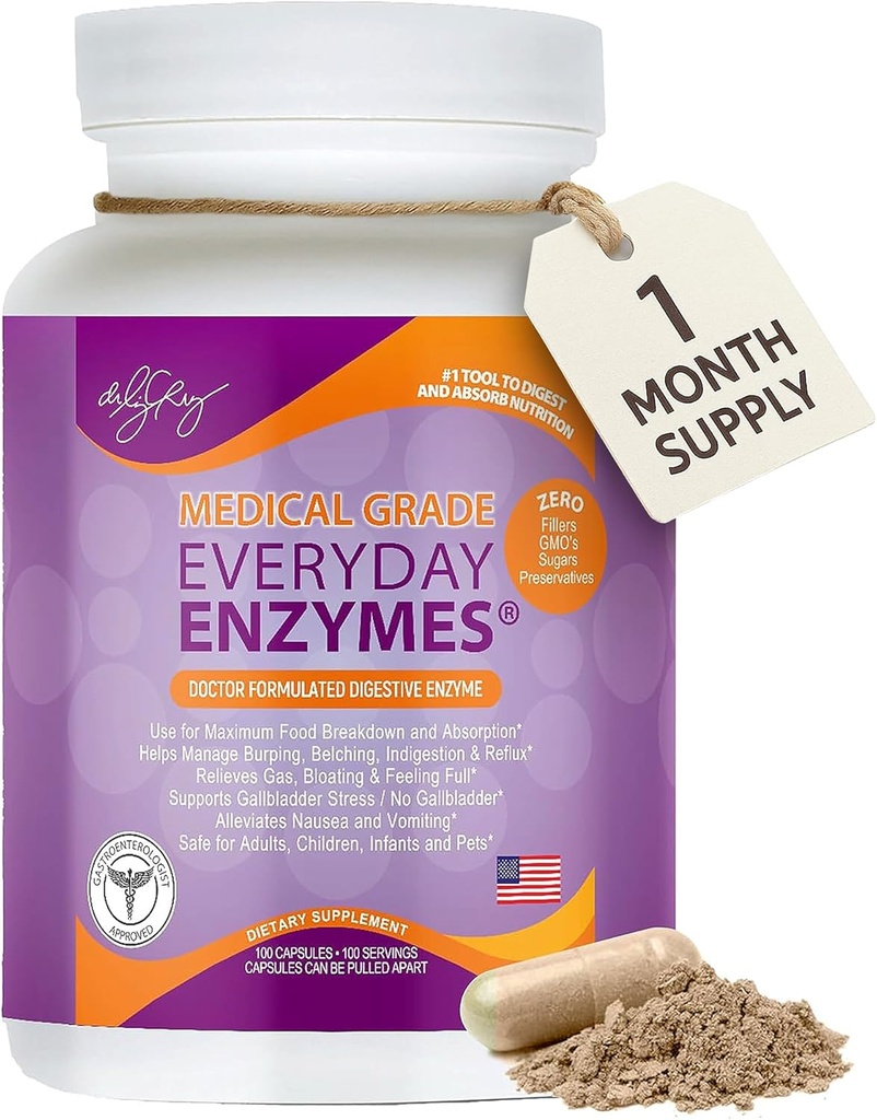 Dr. Liz Cruz Everyday ENZYMES - Supplément Digestion, Suppléments diététiques, Super enzymes de grade médical, Bloating, Gas et Relux Relief pour les femmes, les hommes et les enfants Non-OGM, 100 Capsules Veggie