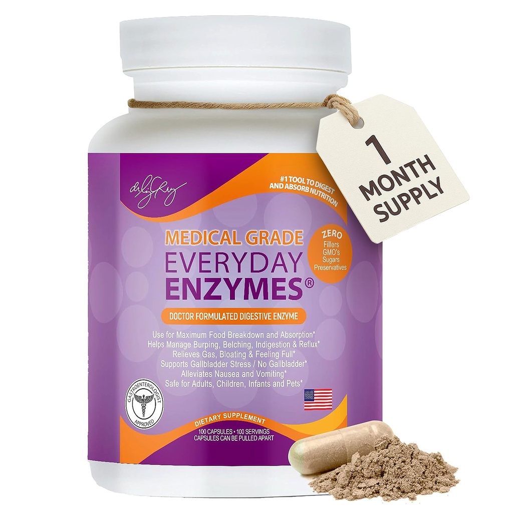 Dr. Liz Cruz Everyday ENZYMES - Supplément Digestion, Suppléments diététiques, Super enzymes de grade médical, Bloating, Gas et Relux Relief pour les femmes, les hommes et les enfants Non-OGM, 100 Capsules Veggie