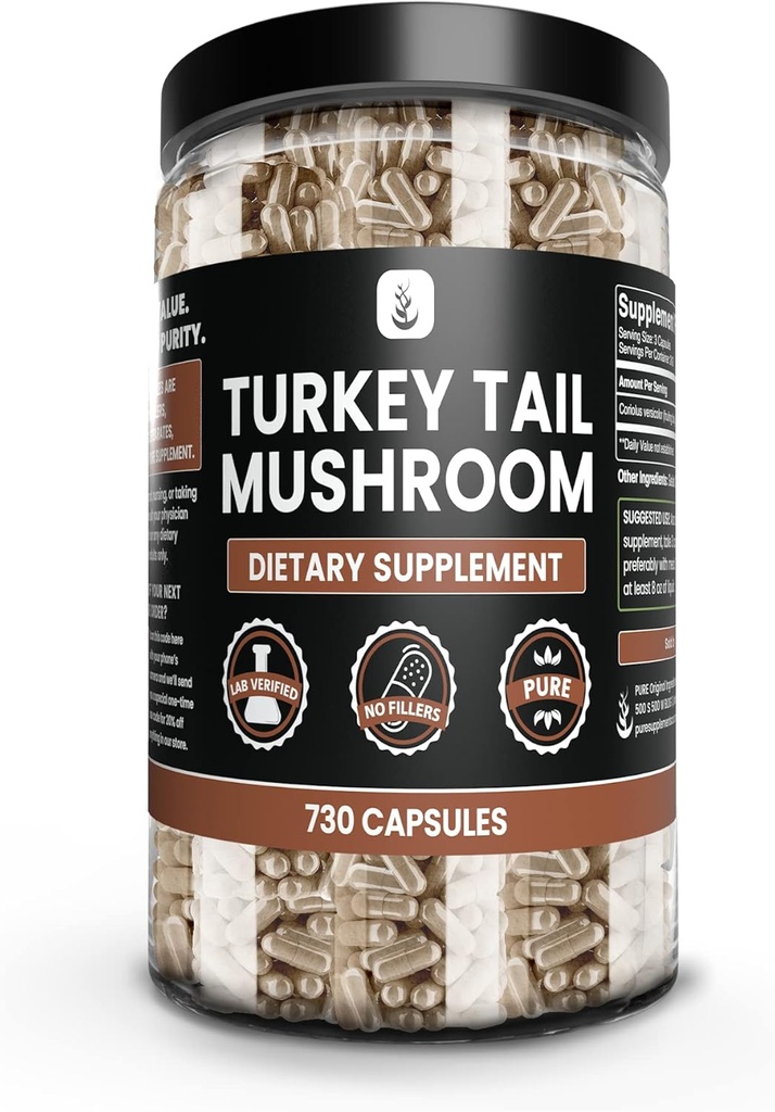 PURE ORIGINAL INGRÉDIENTS Turkey Tail Mushroom (730 Capsules) Pas de Magnésium ou de Rice Fillers, Toujours Pure, Verified Lab