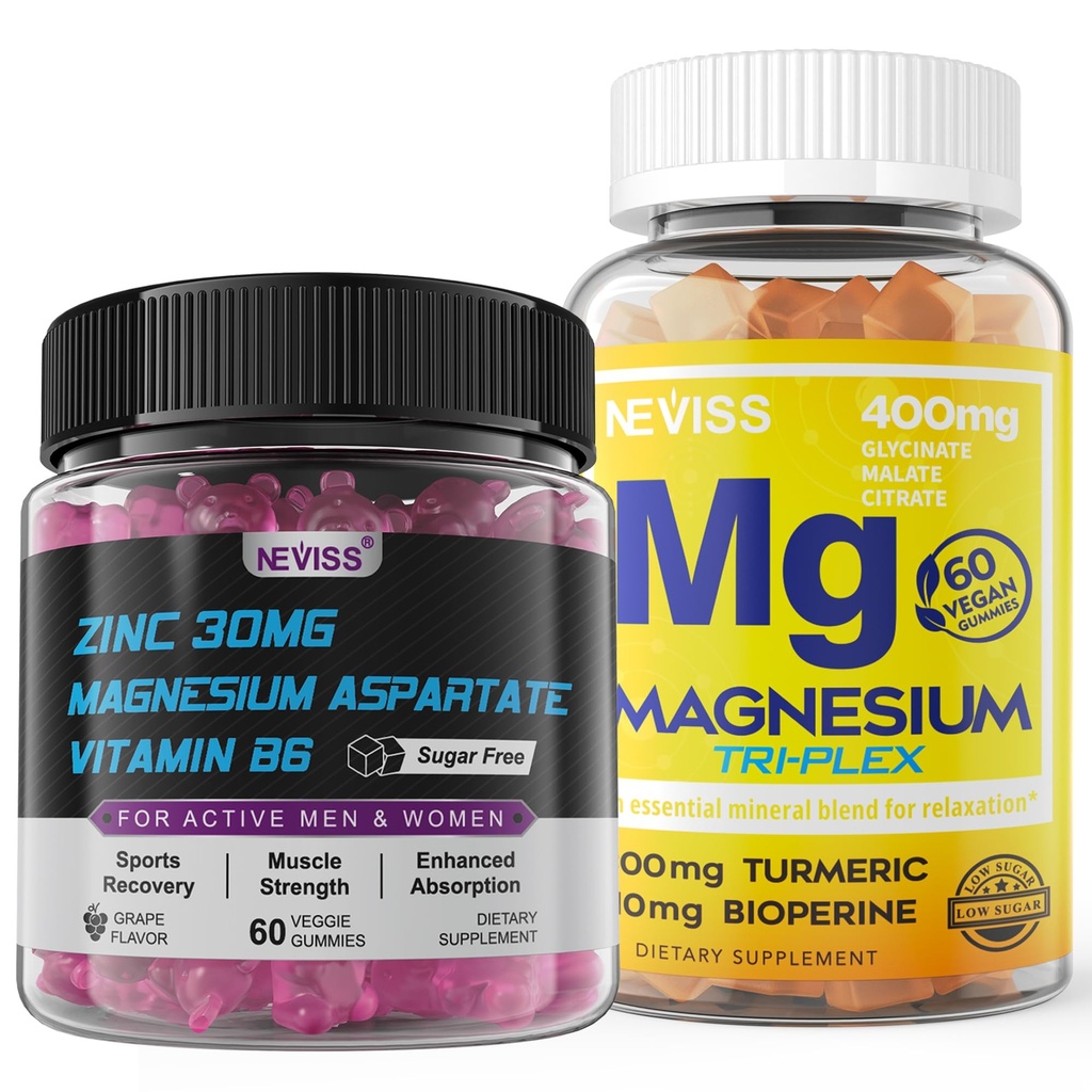 NEVISS Magnésium Gommies avec Turmeric 300mg + supplément de zinc et de magnésium avec vitamine B6, B12, D3, Turmeric