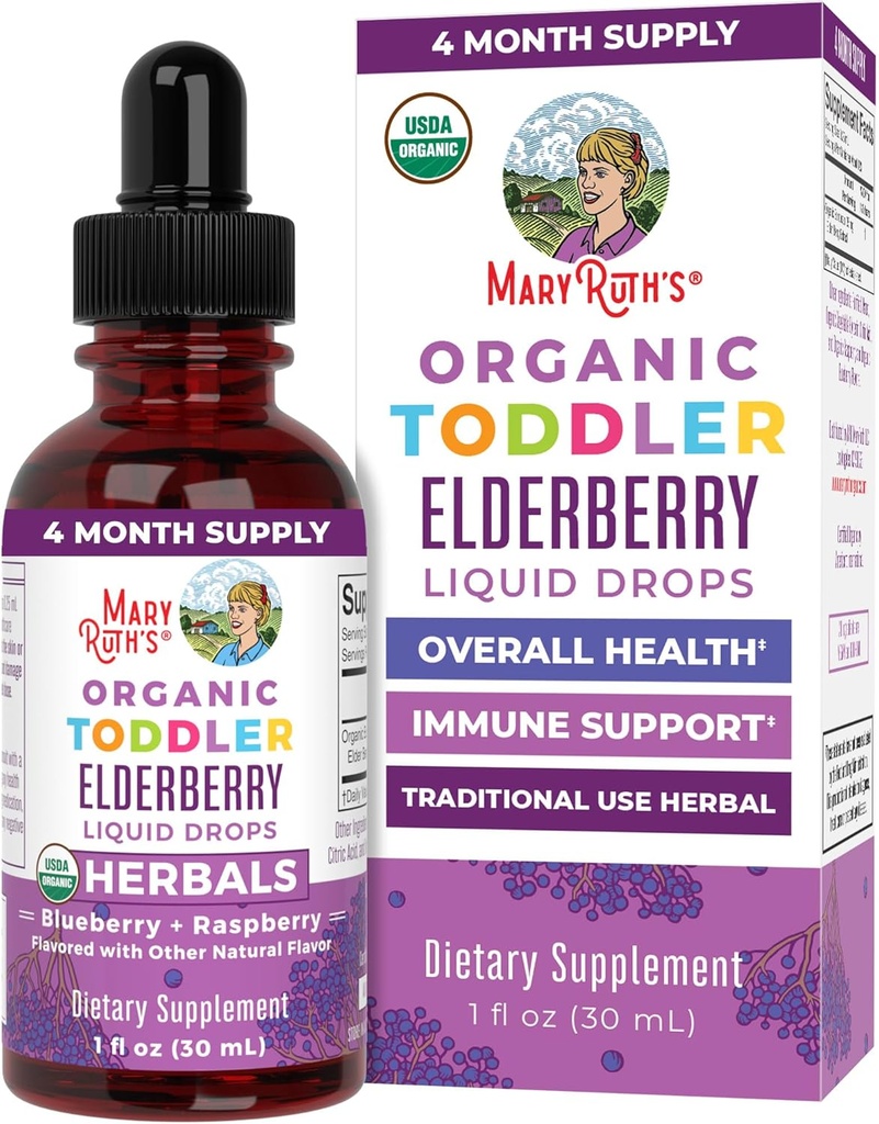 MaryRuth Organics Sirop de baies d'eau pour tout-petits, USDA Organic Elderberry, Supplément de soutien immunitaire pour les enfants sans sucre pour les enfants âgés de 1 à 3 ans, Projet d'étiquette propre Vérifié®, végétalien, non-OGM, sans gluten, 1 Fl Oz