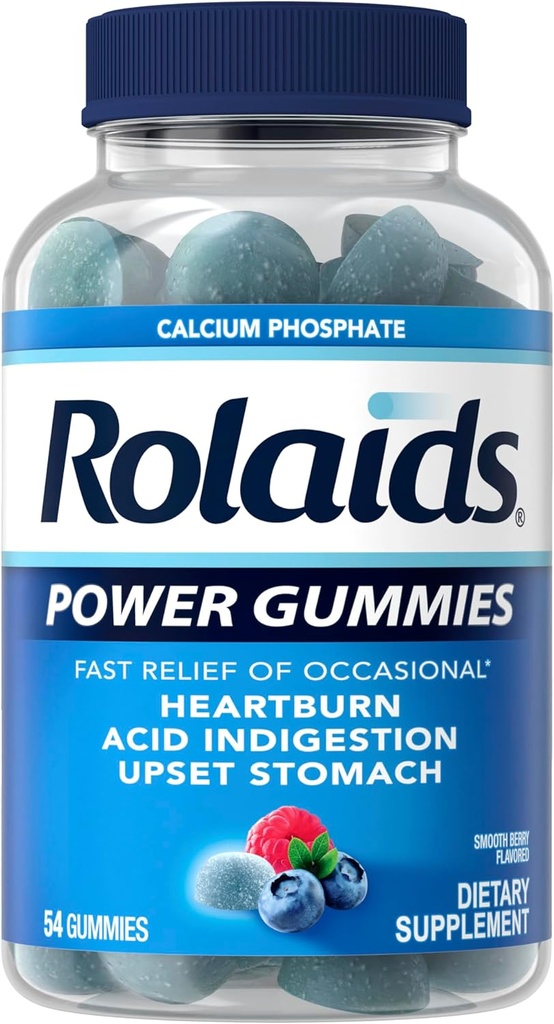 Gommies de puissance de Rolaids, soulagement rapide des brûlures d'estomac occasionnelles et de l'ingestion d'acide, supplément alimentaire, baie lisse, 54 Gommies