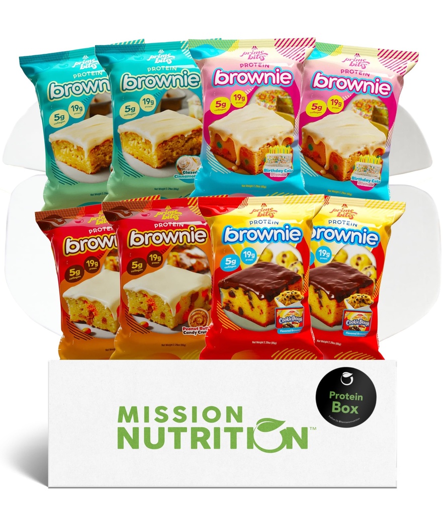 Prime Bites Protein Brownies Variety Pack Blondies - High Protein (19g), Collagen & Whey Protein, Low Sugar - 8 Count Snack & Gift Box