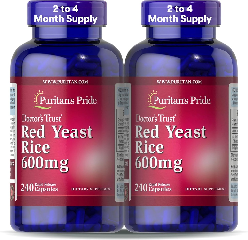 Puritan's Pride Doctors Trust® Red Yeast Rice 600mg, complément alimentaire, 240 capsules à libération rapide, 2 packs