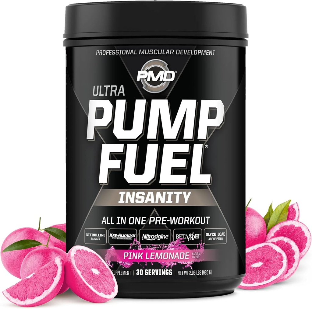 PMD Sports Pump Fuel Ultra Insanity - Premium Pre Workout Powder & Muscle Pump, Greater Focus, Endurance & Recovery, Premium Creatine, Arginine & Beta Alanine - Pink Lemonade (30 Servings)