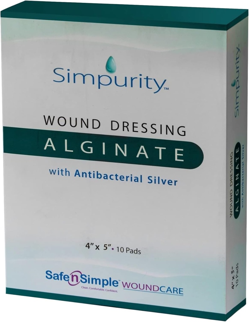 Silver Calcium Alginate Wound Dressing - Simpurity - 4"x 5" Individual Thick Pads - Silver Dressing for Wound Care - Non-Stick Sterile Calcium Alginate Pads - Safe n' Simple Wound Care Products