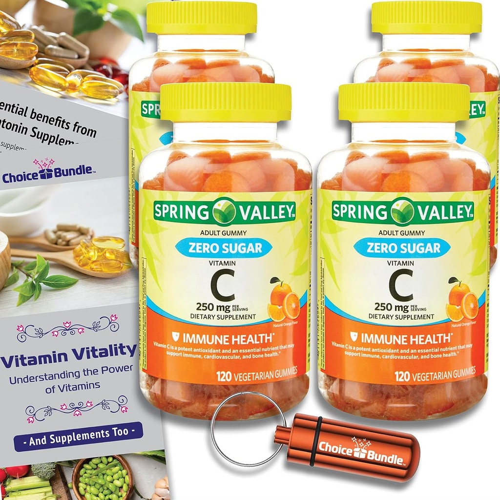 Choice Bundle Spring Valley Zéro sucre Vitamine C Gummies Dietary Supplément 250 mg 120 Ct 4 pk (480 Total) + Vitamine Guide & Pill Container (6 articles)!