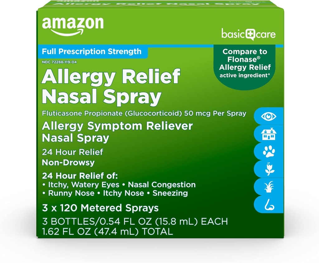   Basic Care 24-Hour Allergy Relief Nasal Spray, Fluticasone Propionate (Glucocorticoid), 50 mcg, Full Prescription Strength, Non-Drowsy, 1.62 fl oz 0.54 fl oz (Pack of 3)