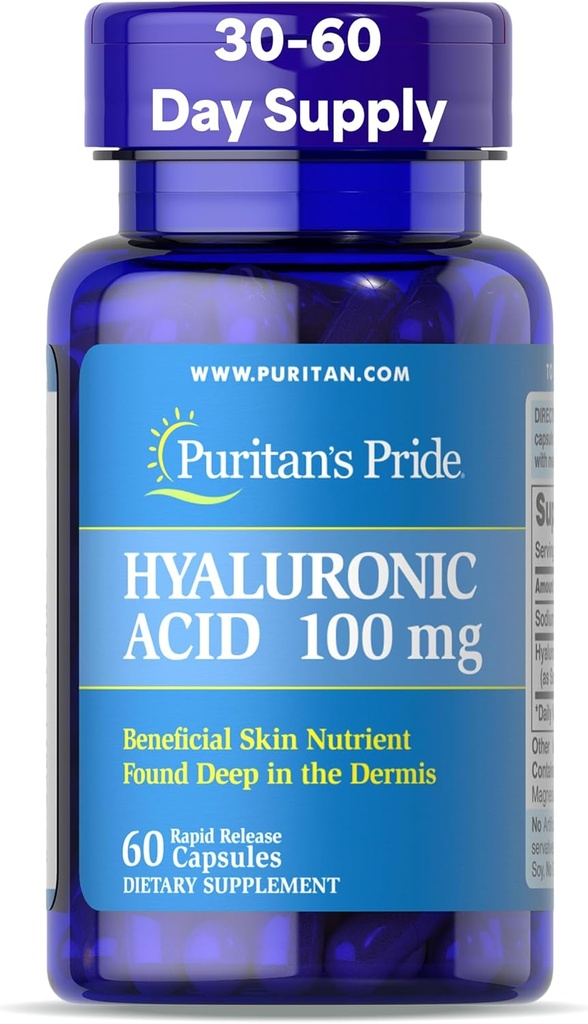 Puritans Pride Hyaluronique Acid 100mg, complément alimentaire pour l'hydratation de la peau, 60 capsules à libération rapide