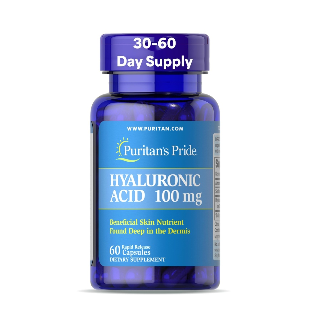Puritans Pride Hyaluronique Acid 100mg, complément alimentaire pour l'hydratation de la peau, 60 capsules à libération rapide