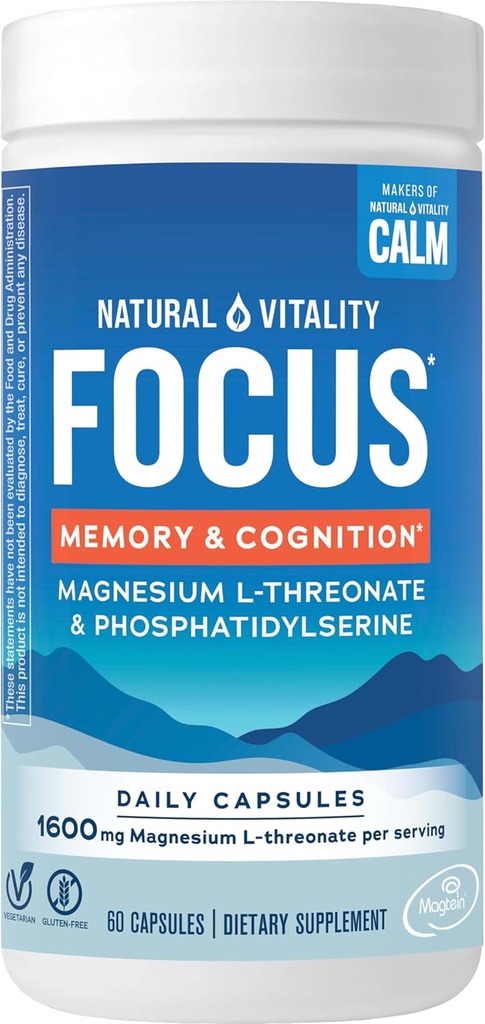 Vitalité naturelle, Magnésium L-Thréonate et Phosphatidylsérine Nootropic Cerveau Suppléments pour mémoire, focus et cognition, sans gluten, végétarien, 60 capsules