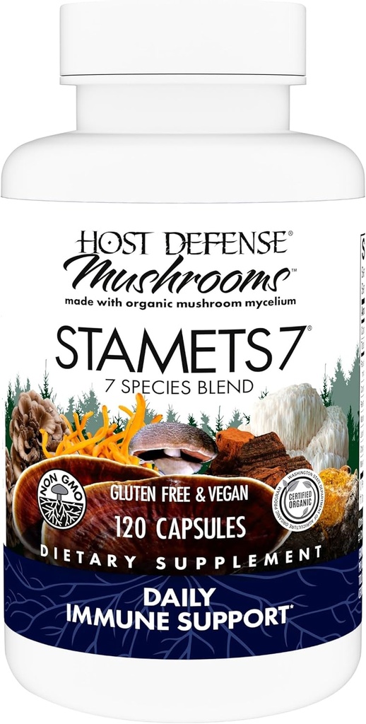 Stamets Host Defense 7-7 Species Blend - Supplément de champignons pour le soutien immunitaire - Comprend Royal Sun Blazei, Cordyceps, Reishi, Maitake, Lion's Mane, Chaga & Mesima - 120 Capsules (60 portions)*