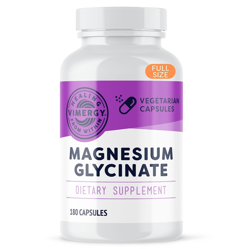 Glycinat de magnésium vimergy – Soutien au stress – Chélaté pour éviter l'agitation tumultueuse*– Promotion de la santé cardiaque et de l'énergie*– Casher, sans gluten végétalien – 180 capsules