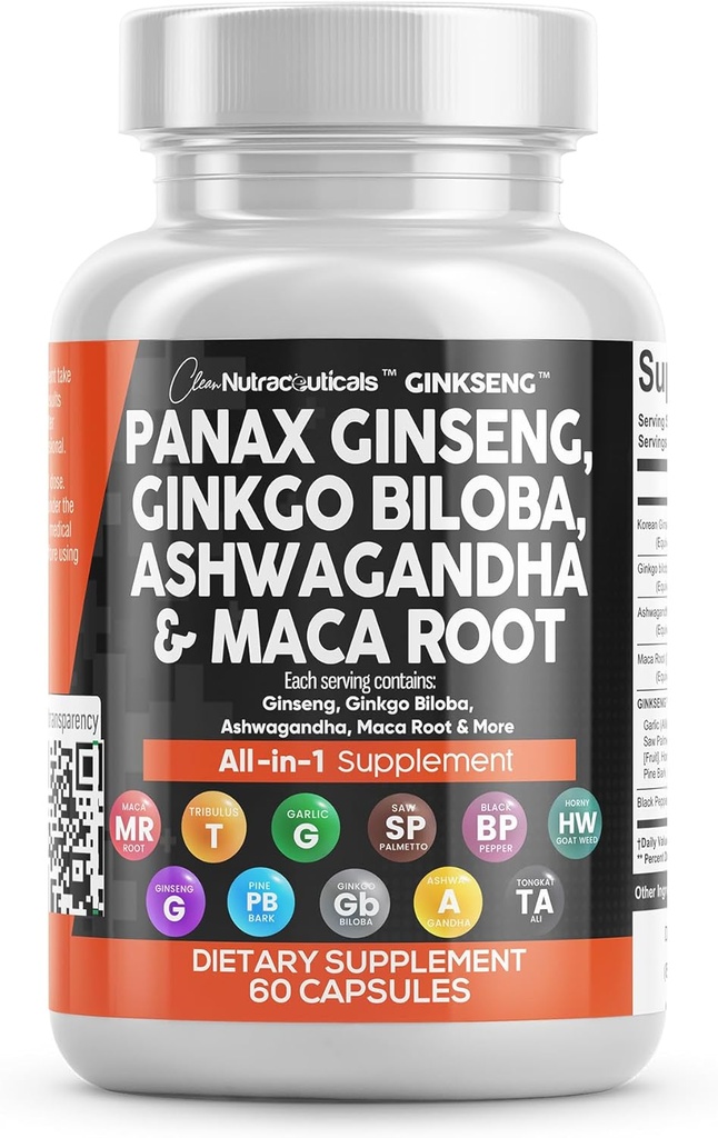 Clean Nutraceuticals Panax Ginseng Ginkgo Biloba Ashwagandha Maca Root - Focus Supplement Pills for Women and Men with Pine Bark Extract, Garlic, and Saw Palmetto - 60 Caps