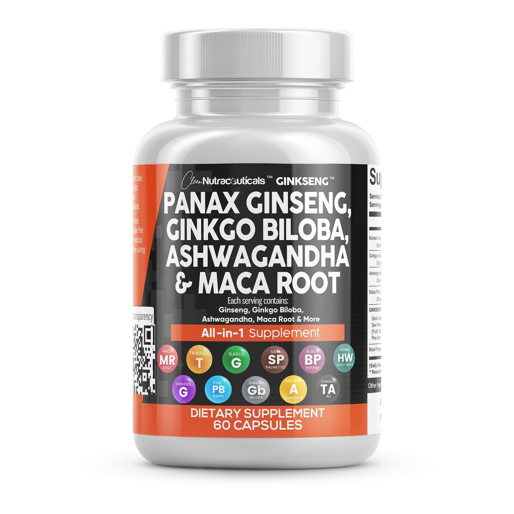 Nutraceutiques propres Panax Ginseng Ginkgo Biloba Ashwagandha Maca Root - Pilules de supplément de focus pour les femmes et les hommes avec extrait d'écorce de pin, l'ail et la scie Palmetto - 60 capsules