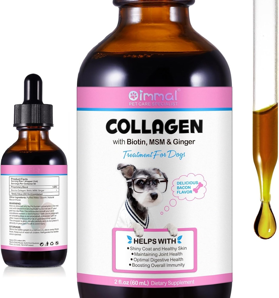 Collagène liquide pour chiens - Collagène liquide naturel de chien peau et manteau - Supports chiens Démangeaison et santé articulaire - Bacon Flavor / 2.02 Oz