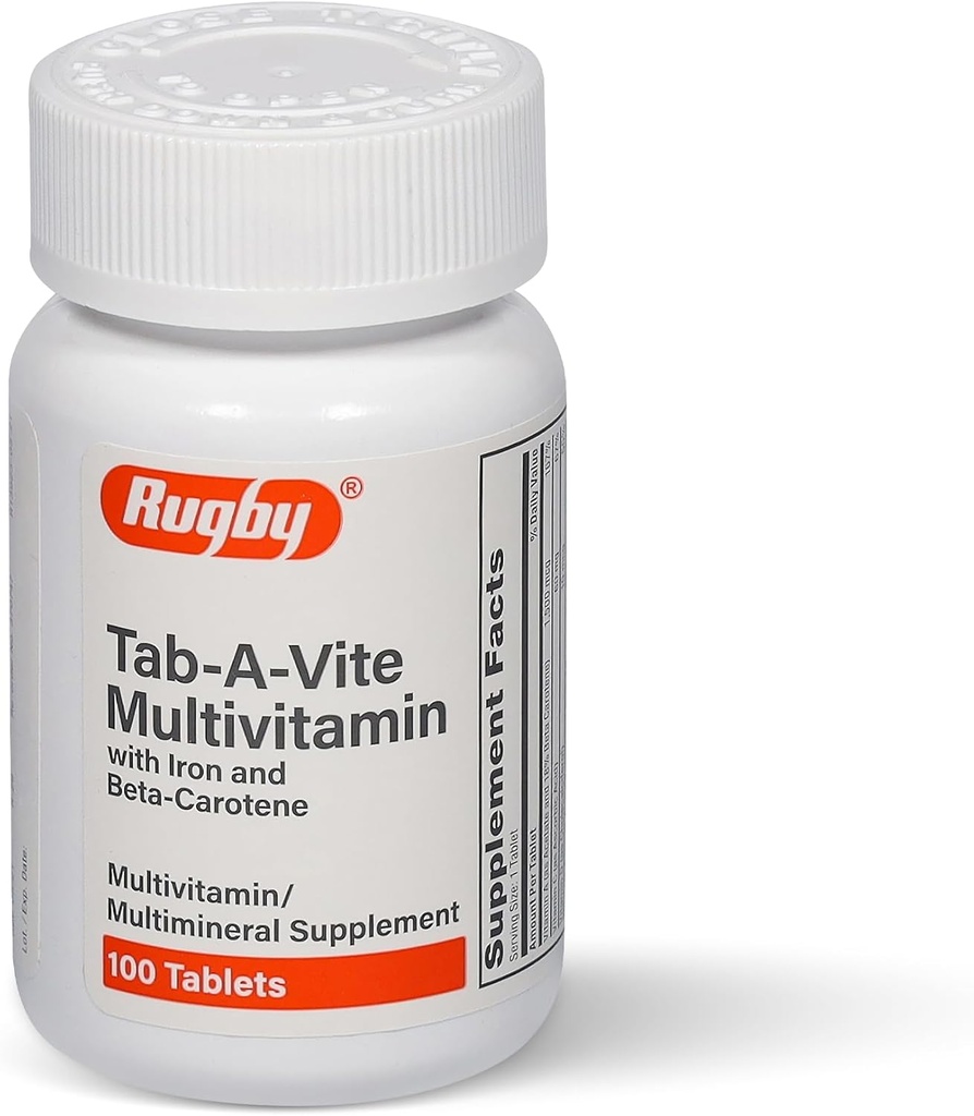 Rugby Tab-A-Vite Multivitamine avec Fer et Beta-Carotène - Multivitamine quotidienne pour adultes, soutient la santé globale, supplément multiminérale - 100 comprimés