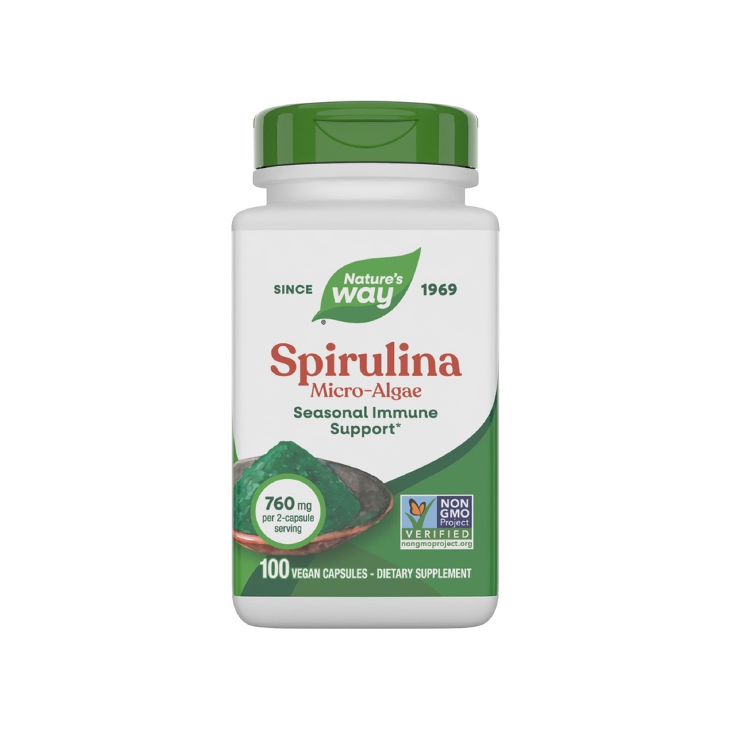 Nature's Way Spiruline Micro-algues, soutien immunitaire saisonnier*, source de vitamine A (Beta Carotène), 760 mg par portion, 100 capsules de végétalien (paquetage mai Vary)