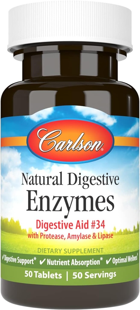 Carlson - Enzymes digestifs naturels, aide digestive #34 avec protéase, Amylase et lipase, support digestif, absorption nutritive et bien-être optimal, 50 comprimés
