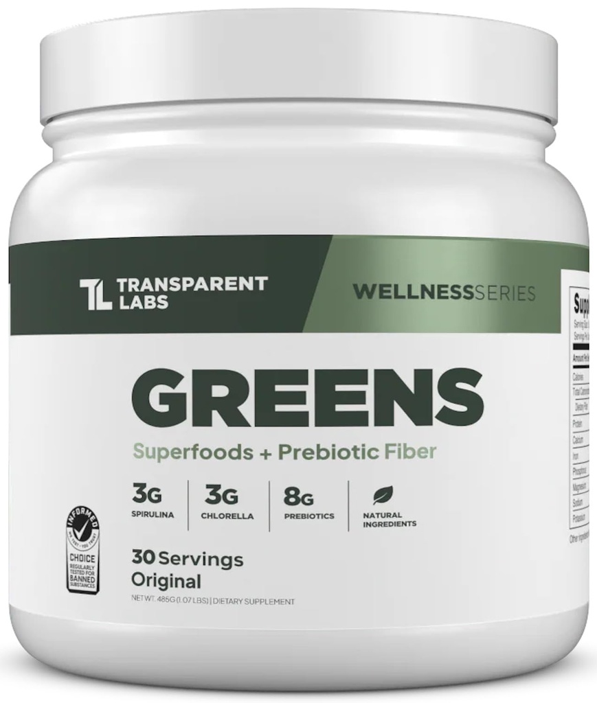 Labs transparents Verts prébiotiques - Supplément de poudre et d'antioxydants Superfood avec spiruline biologique, Chloerra, Acacia et poudre de banane verte - 30 portions, non aromatisées