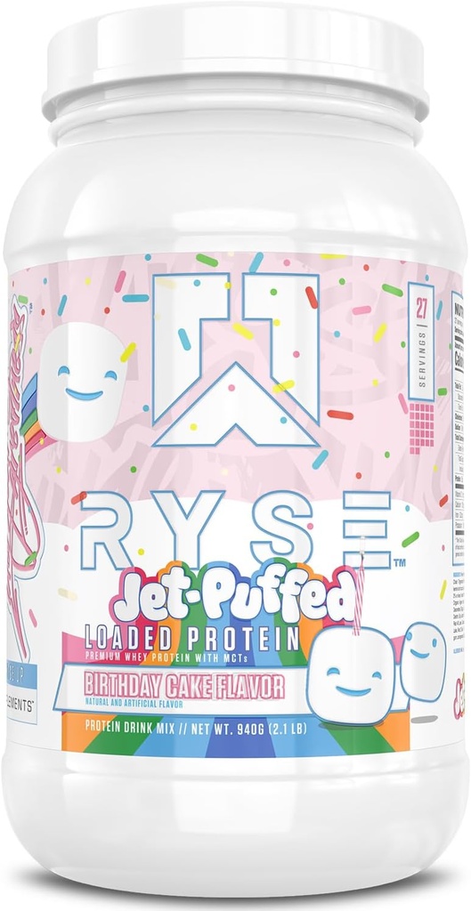 RYSE en poudre de protéines chargées - Cake d'anniversaire à jeun - 25g de protéines de lactosérum isolat et concentré avec fibre prébiotique et MCT - faible teneur en glucides, faible teneur en sucre, friendly - 27 portions / 2 lb Tub
