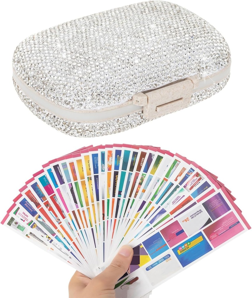 Organisateur de pilules avec étiquettes Bling Pocket Pill Case avec stickers Porte-kit de médecine de voyage Petit contenant de pilules de purse Portable Mini entreposage de médicaments (étiquettes blanches et 300)