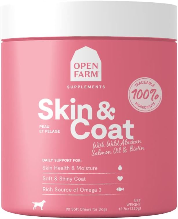 Skin & Coat Chews Open Farm, Supplément de chien, Vitamines de chien, Supporte un manteau doux et brillant à l'aide d'ingrédients traçables et approuvés par les vétustes, 12,7 oz, 90 Compte