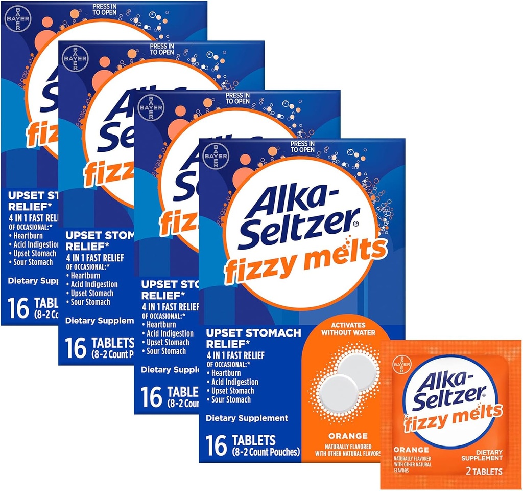 Alka-Seltzer Fizzy Melts, Dissoudre sur la langue, Pas d'eau nécessaire, Supplément alimentaire sur le pouce Comprimés antiacides, pour soulager les brûlures d'estomac occasionnelles et l'indigestion acide*, Arôme orange, 64 Compte