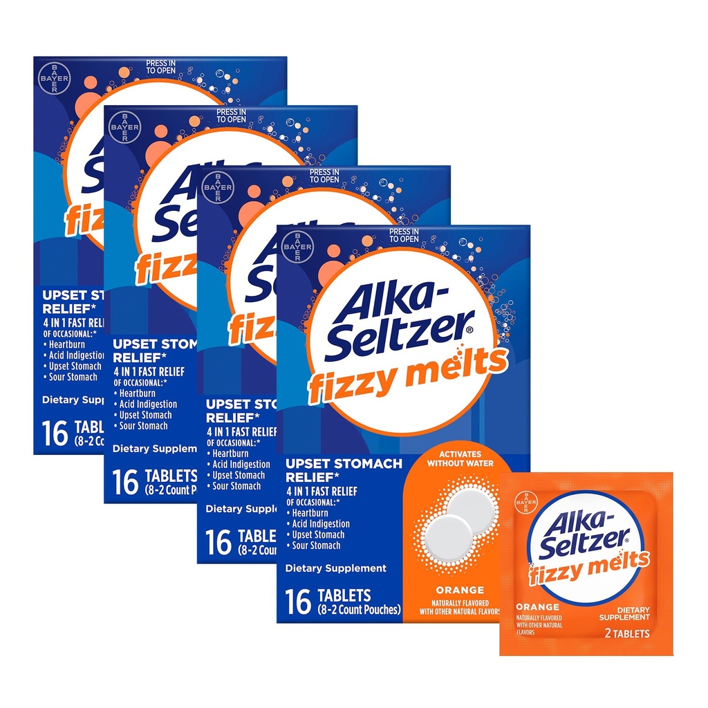 Alka-Seltzer Fizzy Melts, Dissoudre sur la langue, Pas d'eau nécessaire, Supplément alimentaire sur le pouce Comprimés antiacides, pour soulager les brûlures d'estomac occasionnelles et l'indigestion acide*, Arôme orange, 64 Compte