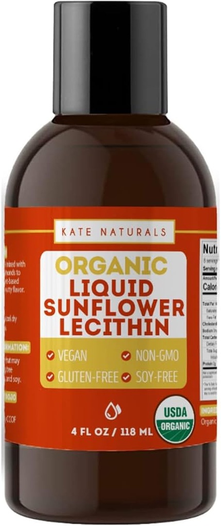Kate Naturals Sunflower Lécithine Liquide pour cuisiner et faire cuire. Lécithine liquide pour gommes, smoothies et supplément d'allaitement (4oz, biologique, végétalien, sans gluten)