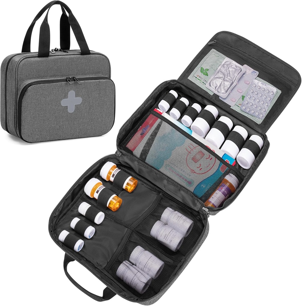 CURMIO Pill Organizer Sac de médecine portable, entreposage de bouteilles d'ordonnance verrouillable pour les bouteilles de pilules, les vitamines, les suppléments médicaux pour l'entreposage à domicile et les voyages, gris (sac de médecine vide)