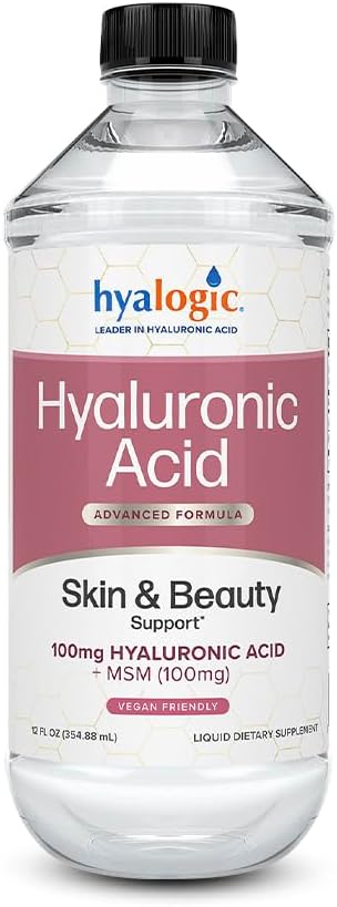 Supplément Hyalogic Liquid Hyaluronique Acid - Support cutané ingérable avec 100mg HA et 100mg MSM - Hydratation naturelle pour le visage, les yeux et les lèvres - Formule de poids moléculaire élevé - 12 oz