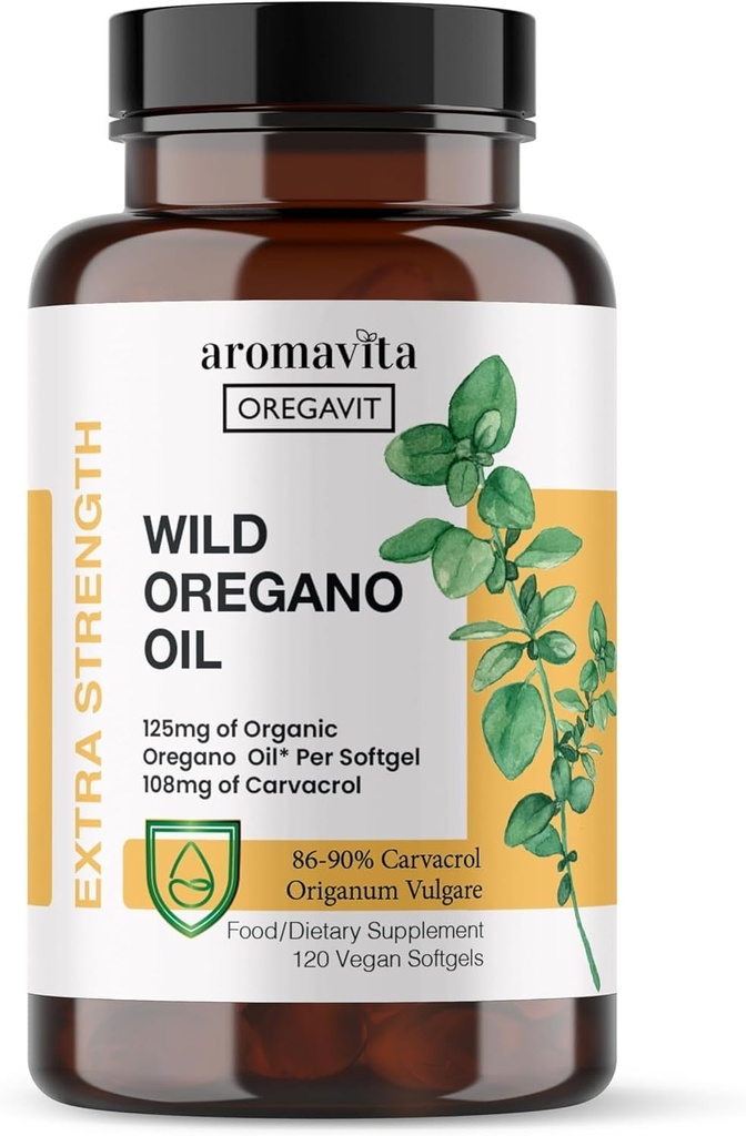 Vegan Wild Origan Oil Capsules Organic, 86-90% Carvacrol - 125mg Huile d'Origan par Softgel - Immune et soutien digestif, Antioxydant naturel, Vegan, Non OGM, 120 Capsules