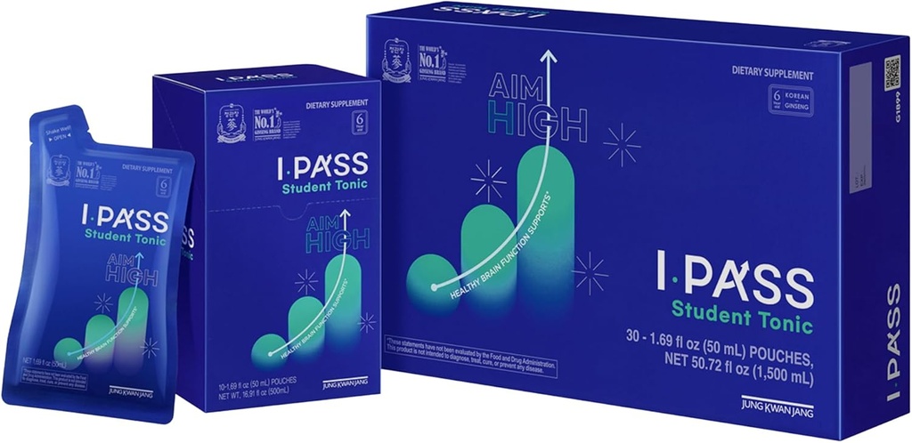 JungKwanJang iPass Student Tonic - Supplément Adaptogen Energy Drink avec Ginseng rouge coréen, Jujube, Astragalus & Angelica - Soutien quotidien à l'école et aux activités (30 Pouches, 1,69 fl oz)
