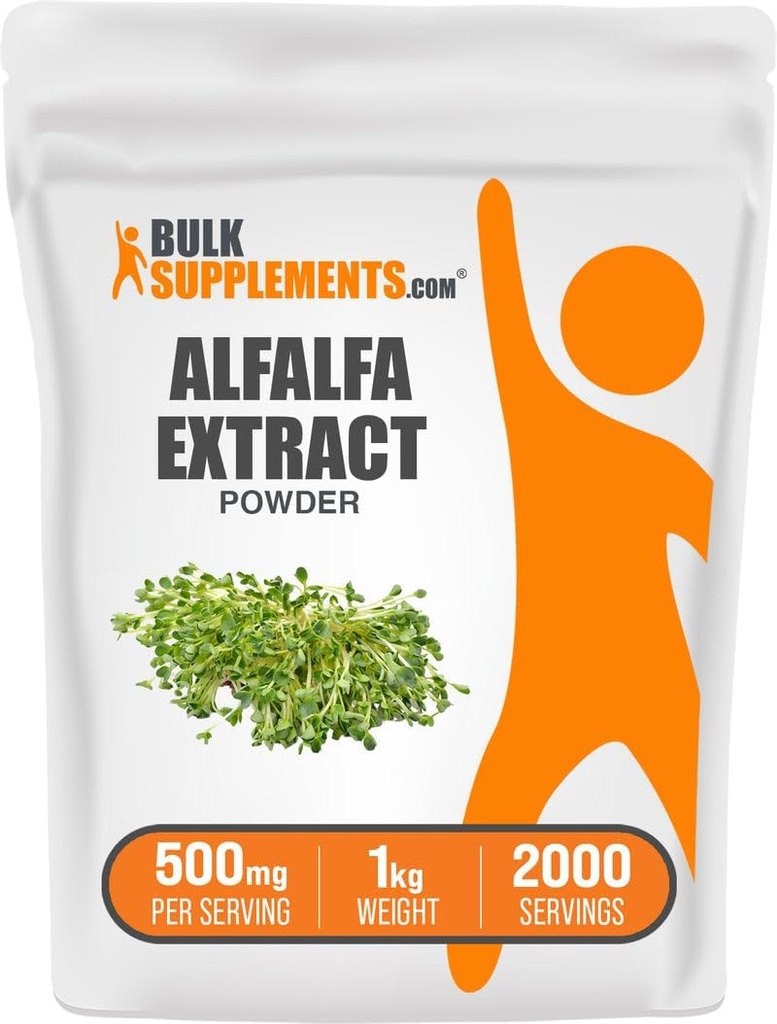 BulkSupplements.com Poudre d'extrait d'alfalfa - Supplément d'alfalfa, Poudre de superalimentation verte - Sans végétalien et sans gluten, Suppléments verts - 500mg par portion, 1kg (2,2 lbs) (paquet de 1)
