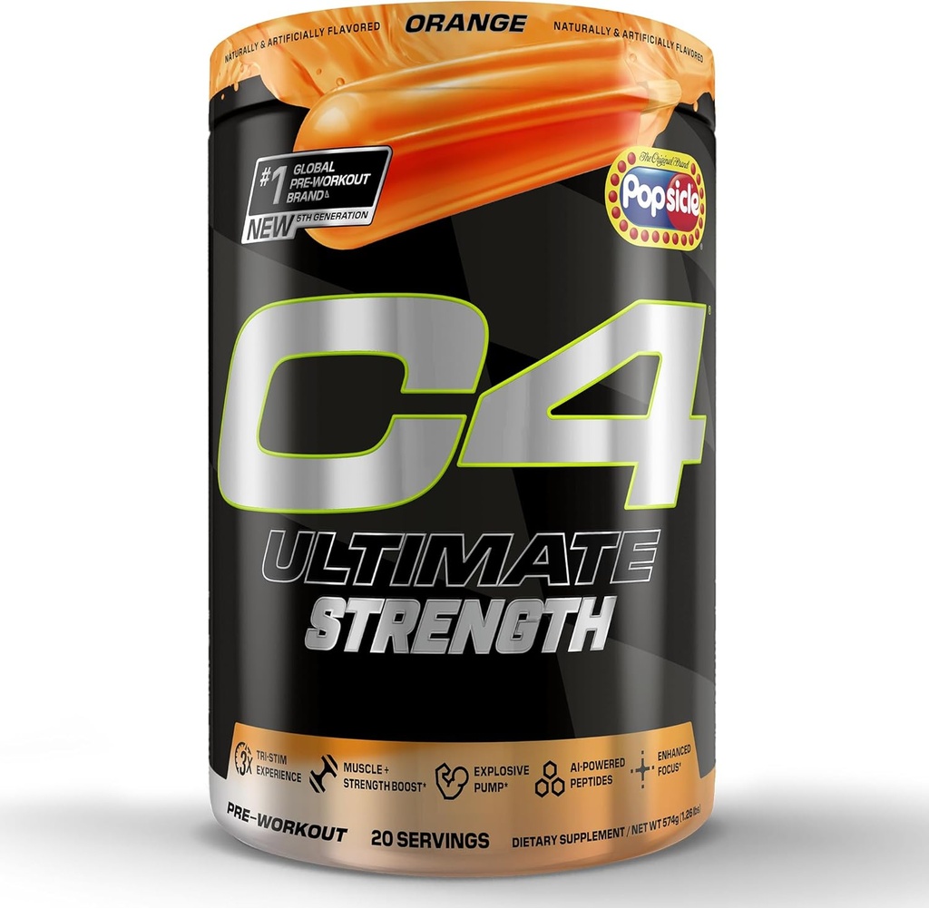 Cellucor C4 Ultimate Strength Pre Workout Powder - Tri-Stim Experience 300mg Caféine+TeaCrine+Dynamine - Créatine & Beta-Alanine - Supplément énergie pour les hommes et les femmes - Orange Popsicle, 20 portions