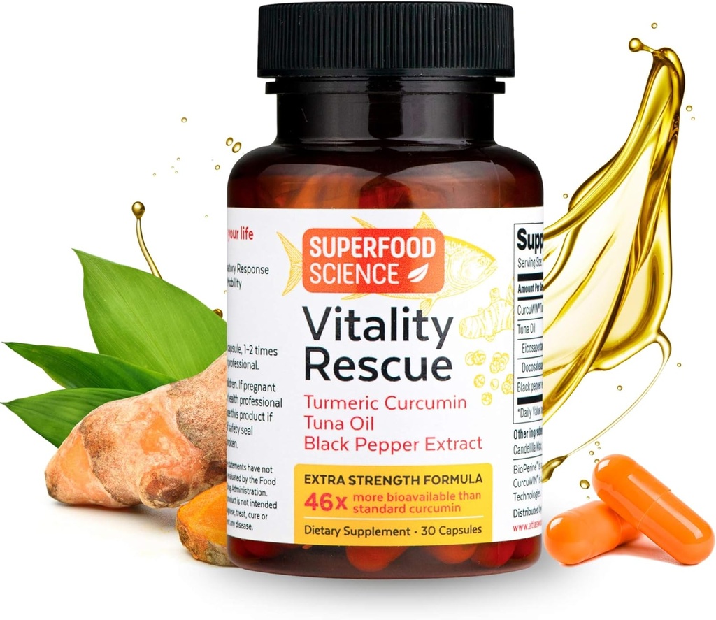 Vitality Rescue, Fish Oil DHA EPA Omega 3 et Turmeric Supplement w/Bioperine, CurcuWin 46X Superior Absorption Curcumin pour soutenir la récupération d'entraînement, articulaire, musculaire, cardio et santé du cerveau, 30 capsules