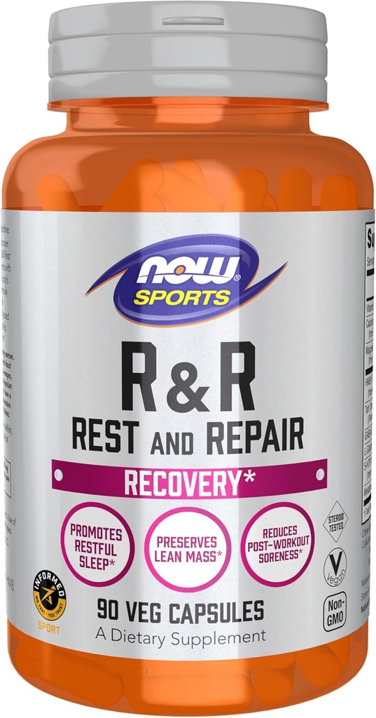 NOW Foods Sports Nutrition, R&R Repos and Repair, Recovery*, encourage le sommeil reposant*, préserve la masse maigre, réduit les douleurs post-entraînement*, végétalien, NGMO, 90 capsules de veg