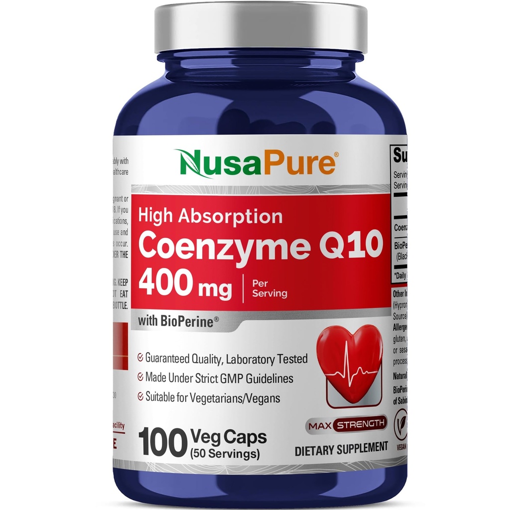 NusaPure CoQ10 400mg 100 Veggie Caps (Vegan, Non-OGM) Coenzyme Q10 Supplément, Enzyme CoQ-10 antioxydant, Coq 10