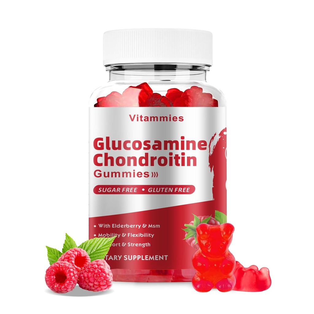 Glucosamine Chondroïtine Gommies avec MSM & Elderberry Extra Strength - Soutien articulaire, Supplément de soutien immunitaire antioxydant pour adultes, hommes et femmes Minéraux, coenzyme Q10, DHA - 60 Gommies de framboise