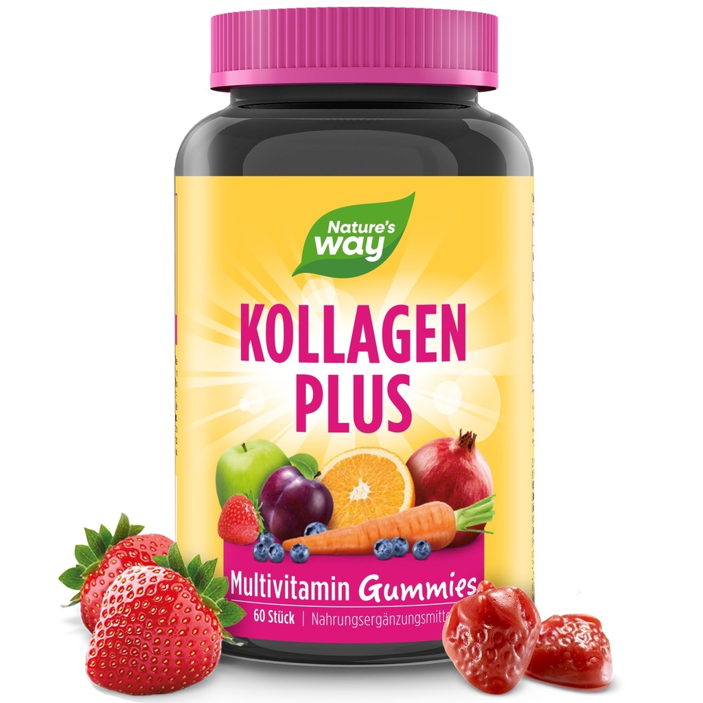 La nature est vivante ! Cheveux, peau et ongles Gommies premium, formule beauté*, avec collagène, biotine, vitamines C & E, aromatisé aux fraises, 60 gommies