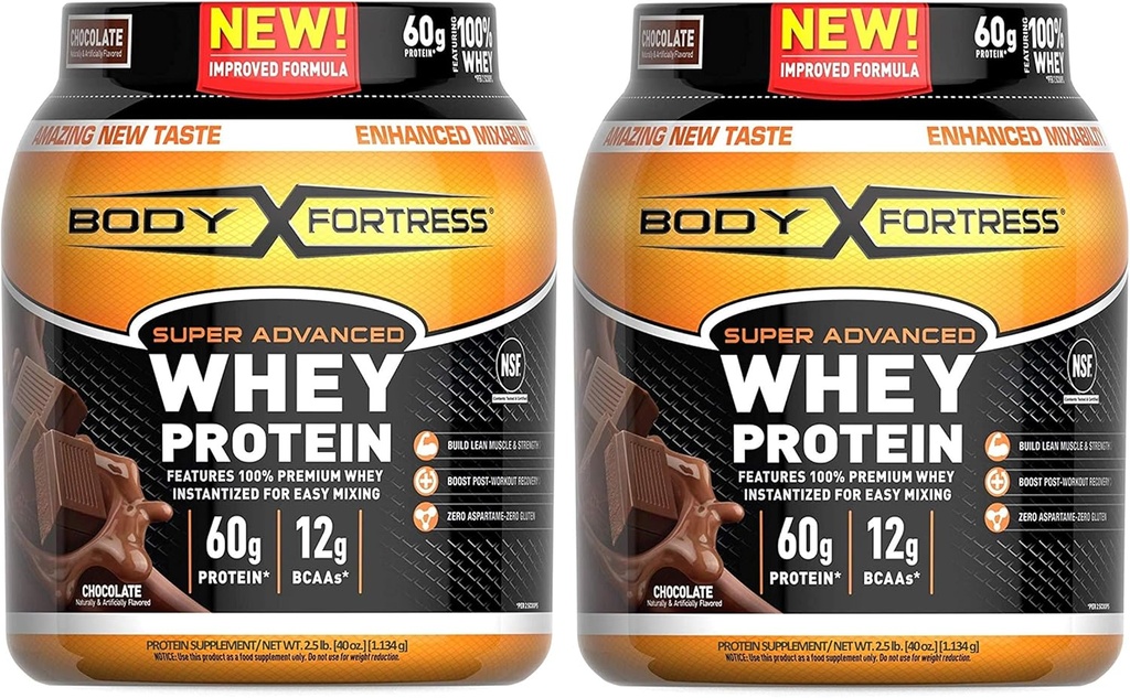 Body Fortress Super Advanced Whey Protéines poudre, sans gluten, chocolat aromatisé, 2 livres, paquet de 2