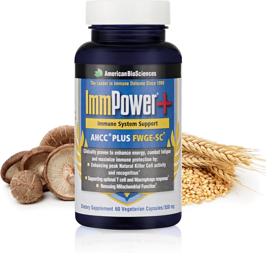 American BioSciences ImmPower Plus, AHCC & Fermented Wheat Germ Extract Herbal Supplement, 550mg par capsule pour le soutien immunitaire, maintient l'activité des cellules tueuses naturelles, pack de 1, 60 capsules de légumes